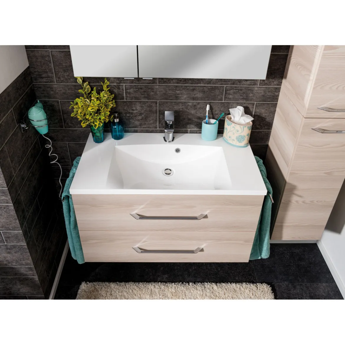 B.Clever WBU 90cm inkl.Gussmarmor-BeckenAuzuege m. SoftClose, Alska Esche