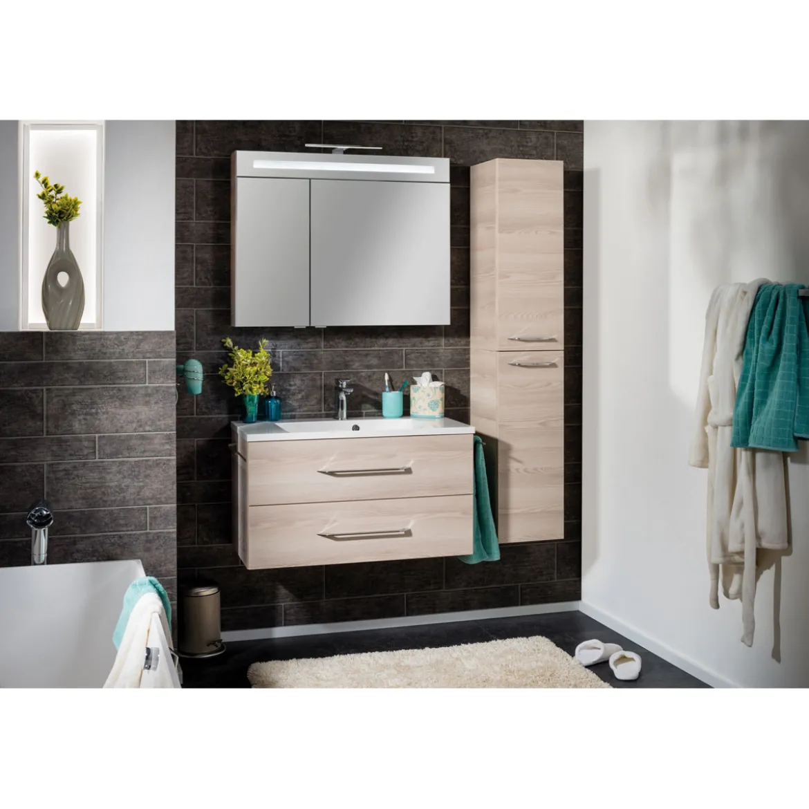 B.Clever WBU 90cm inkl.Gussmarmor-BeckenAuzuege m. SoftClose, Alska Esche