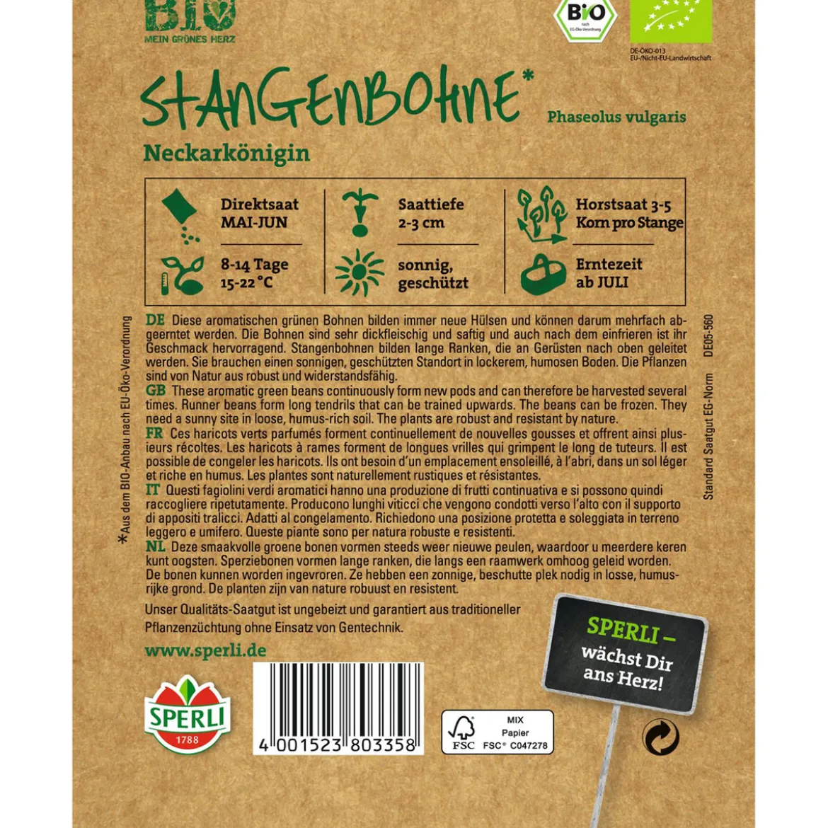 Bio-Stangenbohne grün 3-4 m