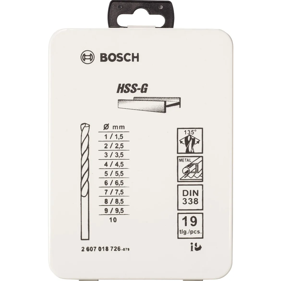 Bosch Professional19-teiliges Metallbohrer-Set HSS-G DIN 338 135 in Metallkassette 1–10 mm
