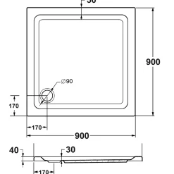 Duschwanne quadratisch 90x90/3 weissKomplettset mit Traeger u. Ablaufgarnit.