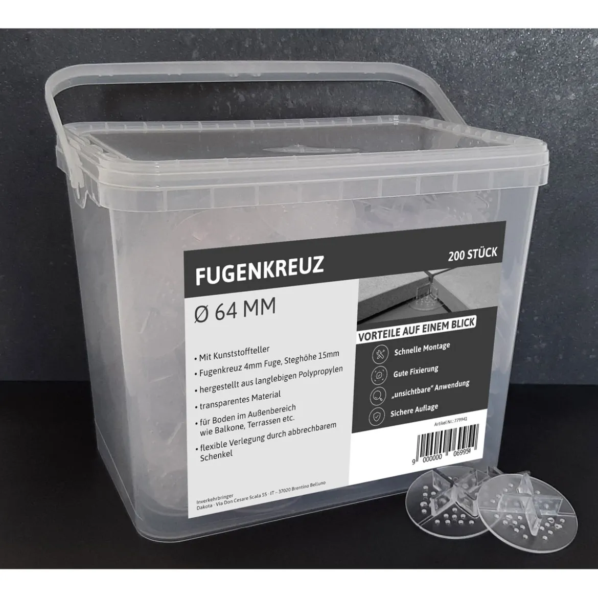 Fugenkreuz fugenbr. 4mm , steghoehe 15mmmit kunststoffteller Dm.64mm,KT=200 St
