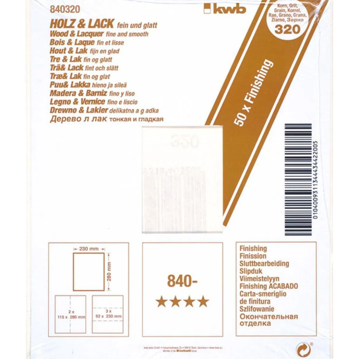 kwbSchleifpapier Holz und Lack Finishing 230 x 280 mm K320