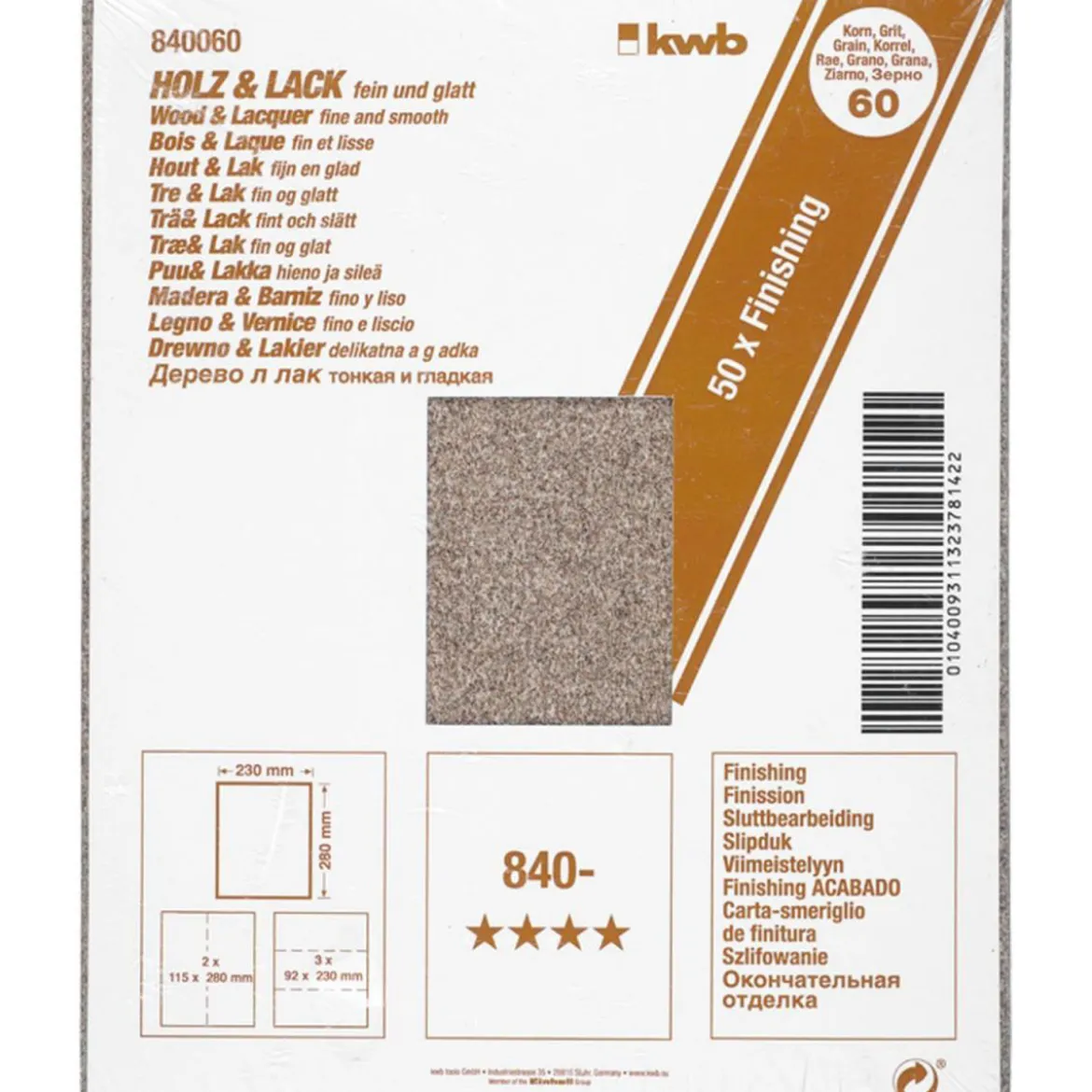 kwbSchleifpapier Holz und Lack Finishing 230 x 280 mm K60