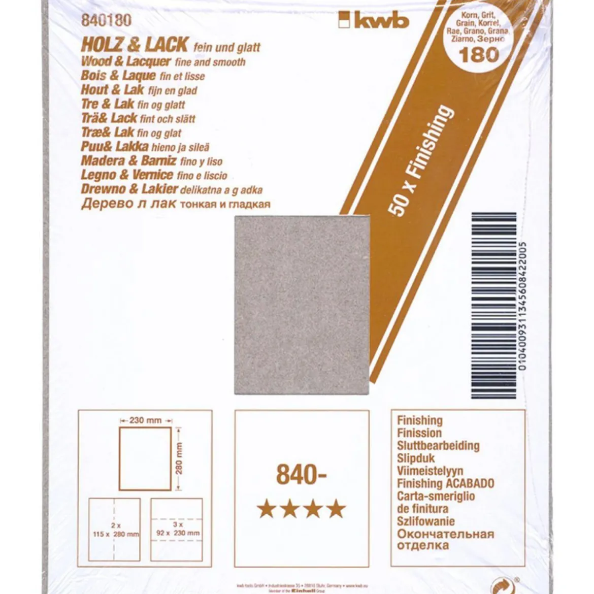 kwbSchleifpapier Holz und Lack Finishing 230 x 280 mm K180
