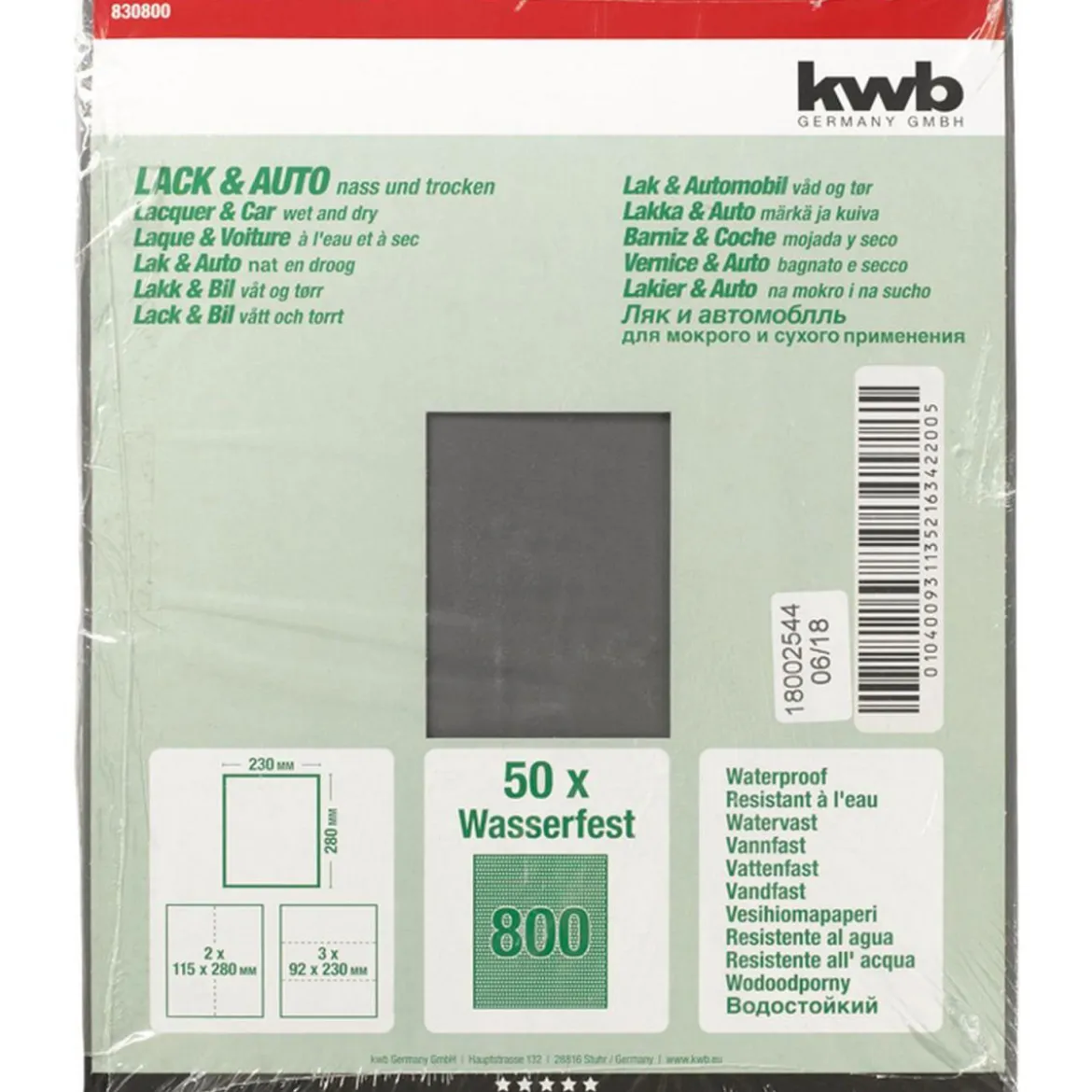 kwbSchleifpapier Lack und Auto wasserfest 230 x 280 mm K800