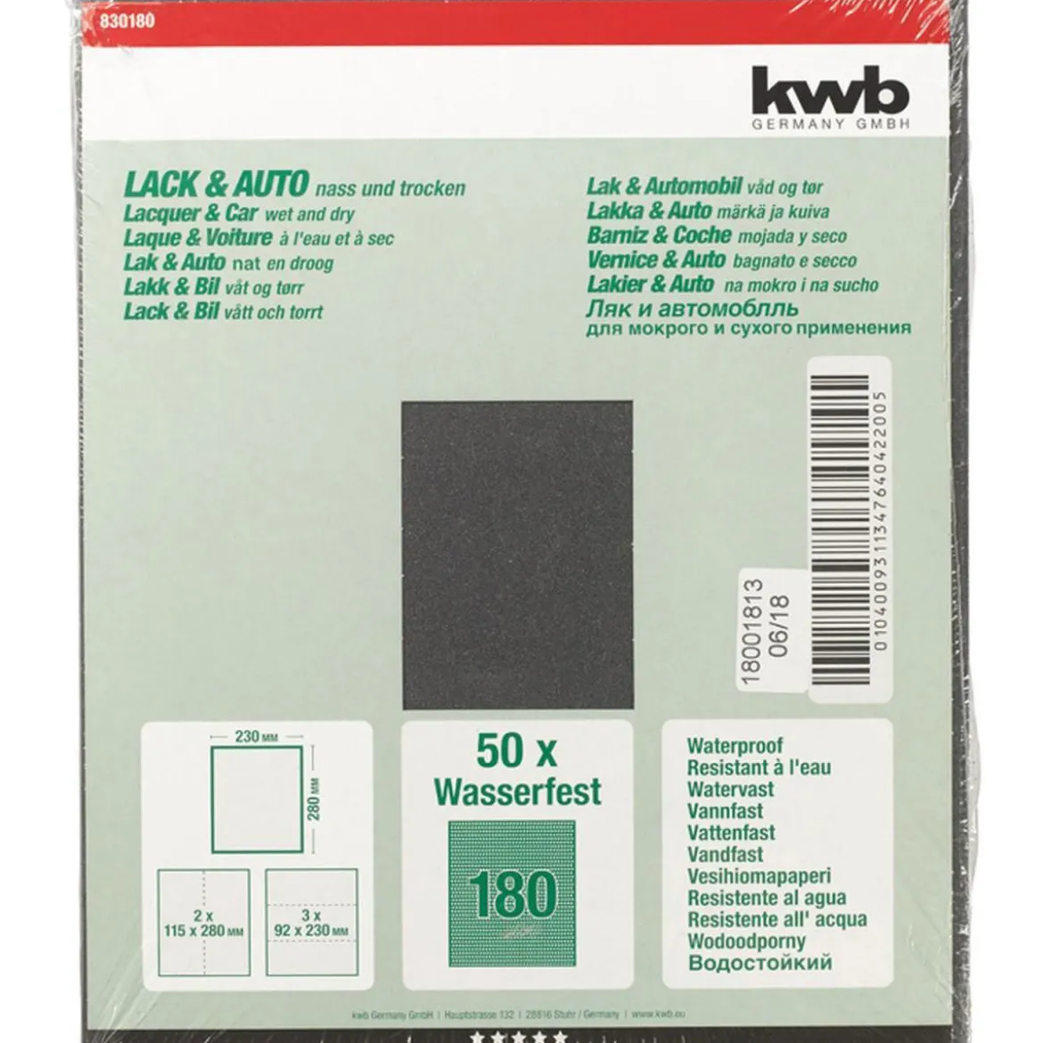 kwbSchleifpapier Lack und Auto wasserfest 230 x 280 mm K180