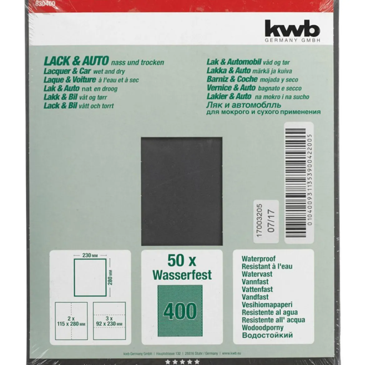 kwbSchleifpapier Lack und Auto wasserfest 230 x 280 mm K400