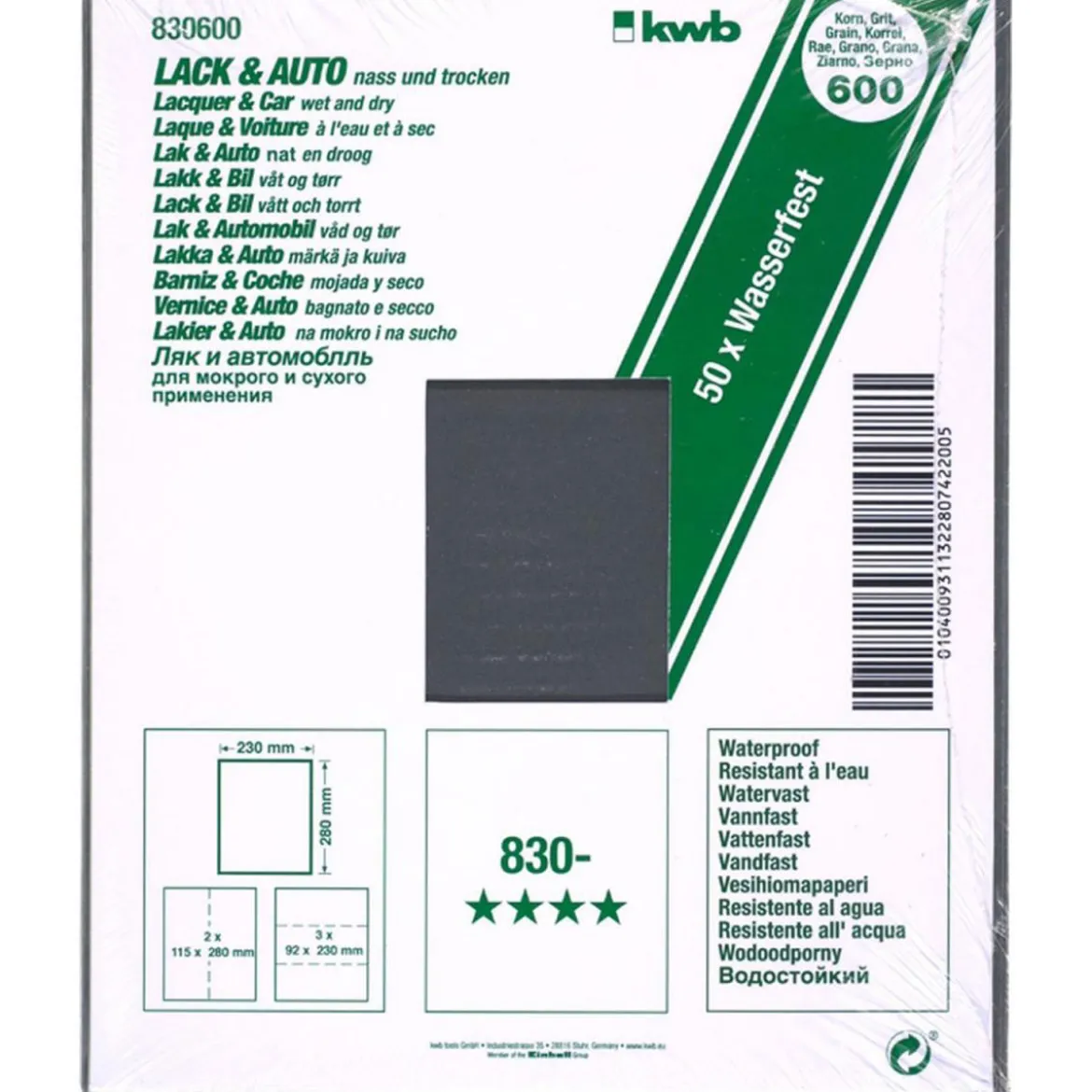 kwbSchleifpapier Lack und Auto wasserfest 230 x 280 mm K600