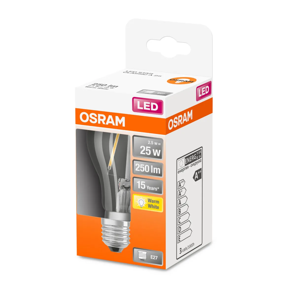 LED Gluehlampe E27 250lm 2.700K 25 WErsatz warmweiss Filament klar