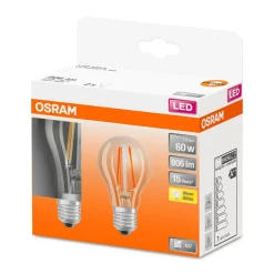 LED Gluehlampe E27 806lm 2.700K 60WErsatz warmweiss Filament klar 2er Pack