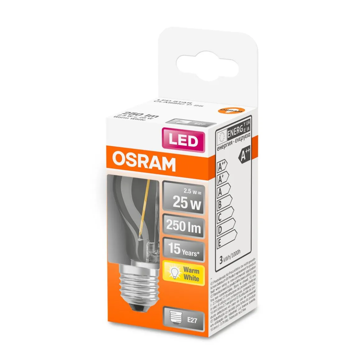 LED Tropfen E27 250lm 2.700K 25 WErsatz warmweiss Filament klar