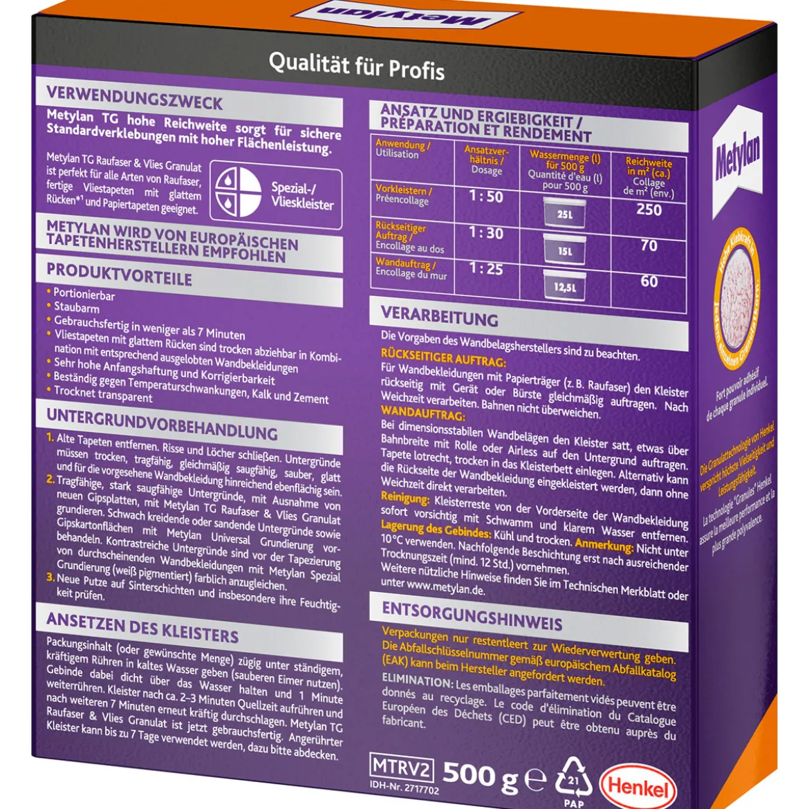 MetylanTapetenkleister Raufaser & Vlies Granulat TG Hohe Reichweite 500 g