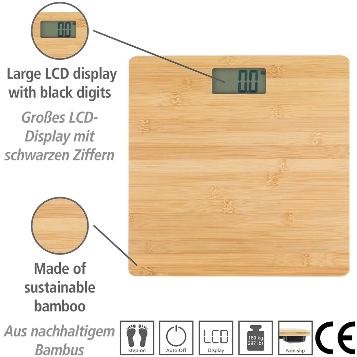 Personenwaage Bambus LCD 30x30 cm braun