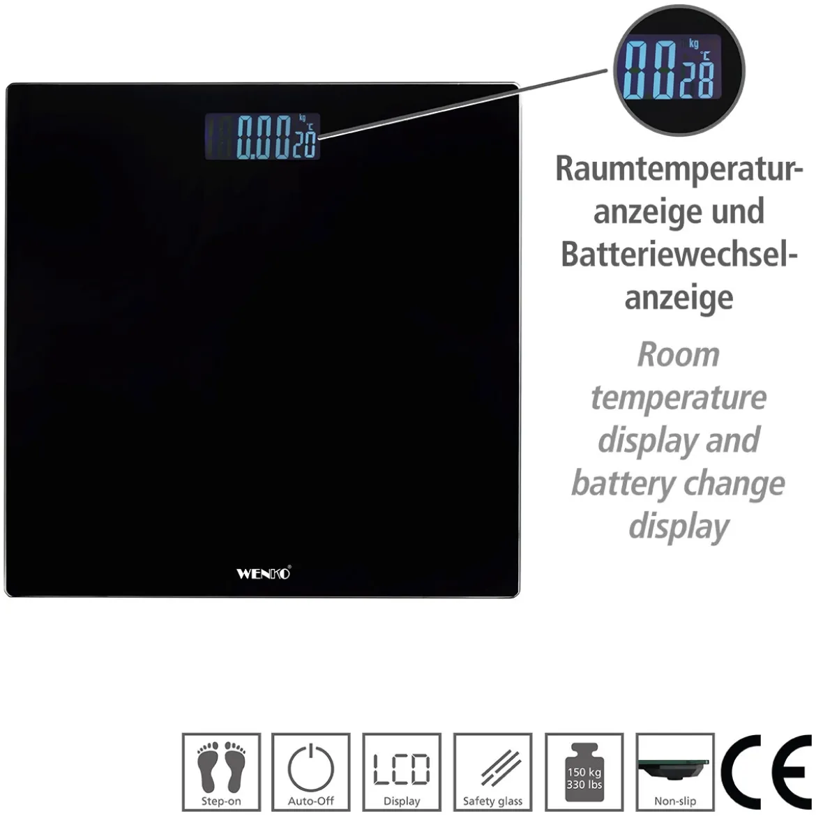 Personenwaage LED 28x28cm, schwarz