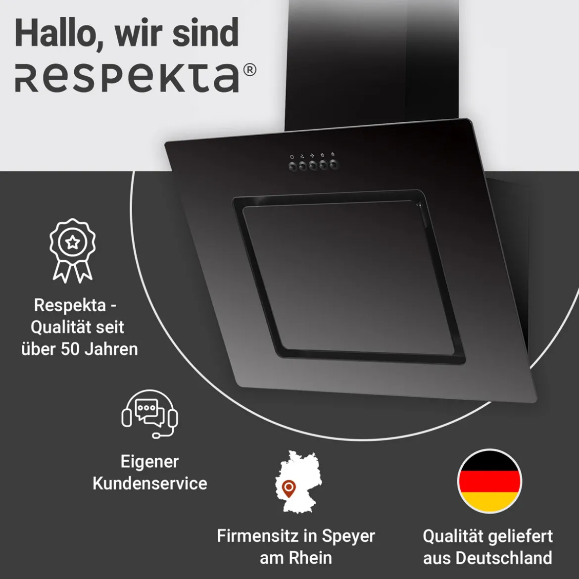 Schraeghaube 60 cm Glas EEK B schwarzmit Glasschirm LED Beleuchtung Druckkast