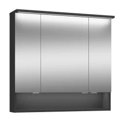 Spiegelschrank Amy, 80cm, schwarz matt, 3 Türen, 1 offenes Fach, LED-Kranz u. Unterbeleuchtung