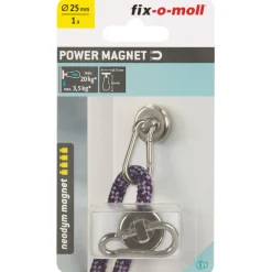 Suki Topfmagnet Neodym Ø 25 mm, mit Karabiner 40 x 20 mm, silber