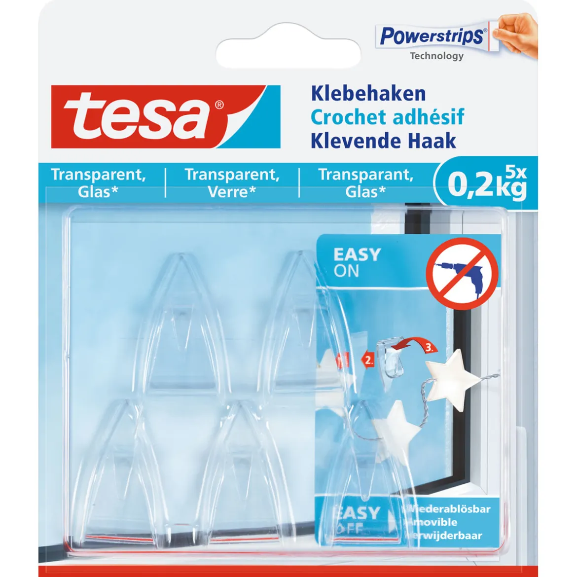 Tesa Klebehaken transparent Glas 5 Stück Traglast 5 x 0,2 kg