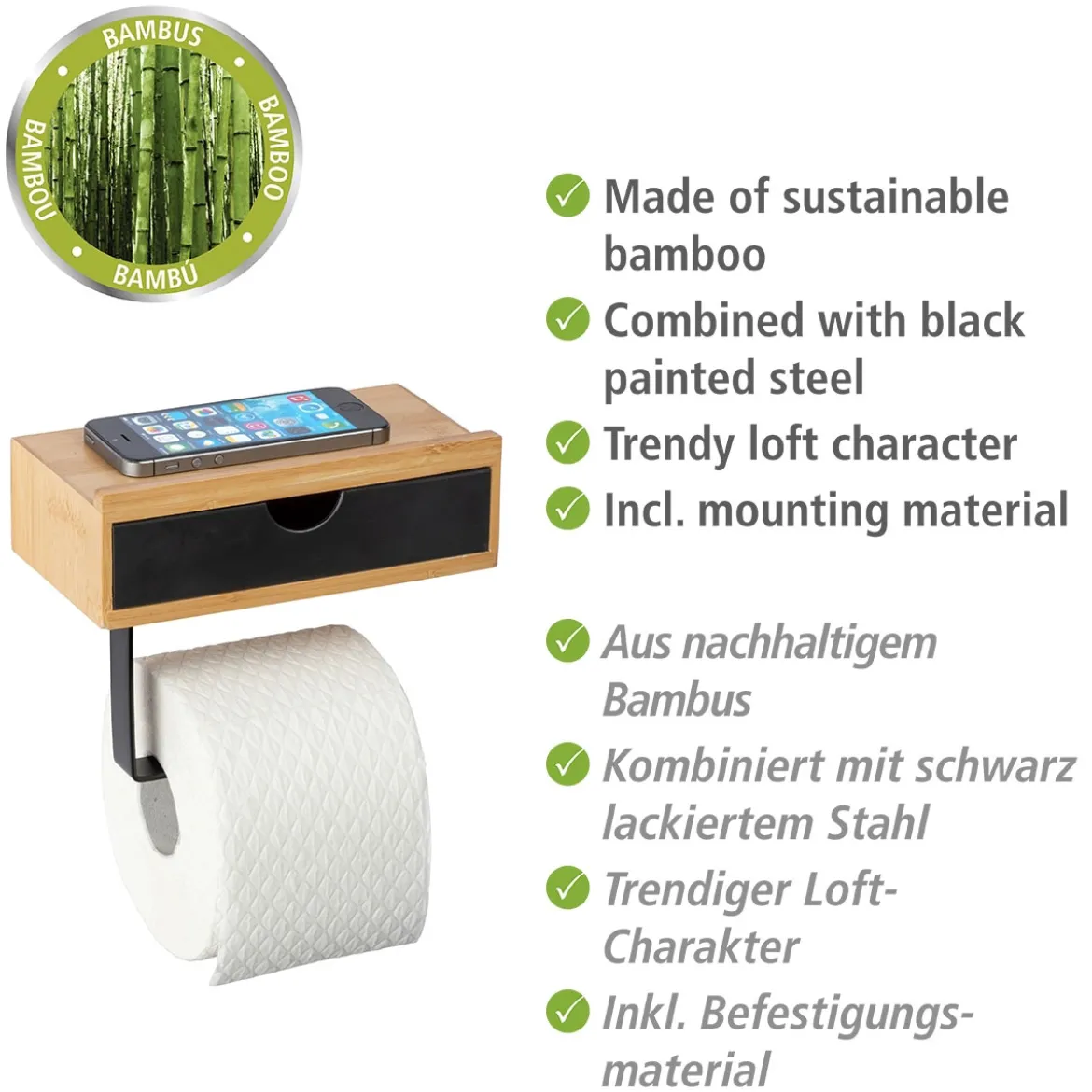Toilettenpapierhalter m. Ablage Bambusa