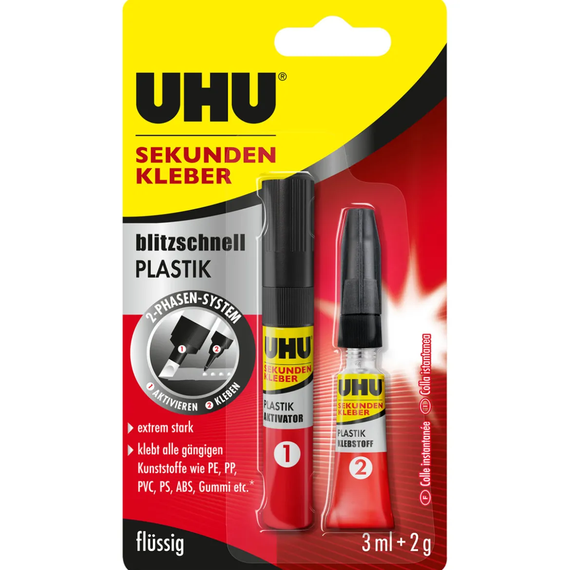 UHUSekundenkleber Plastik 2 g und 3 ml