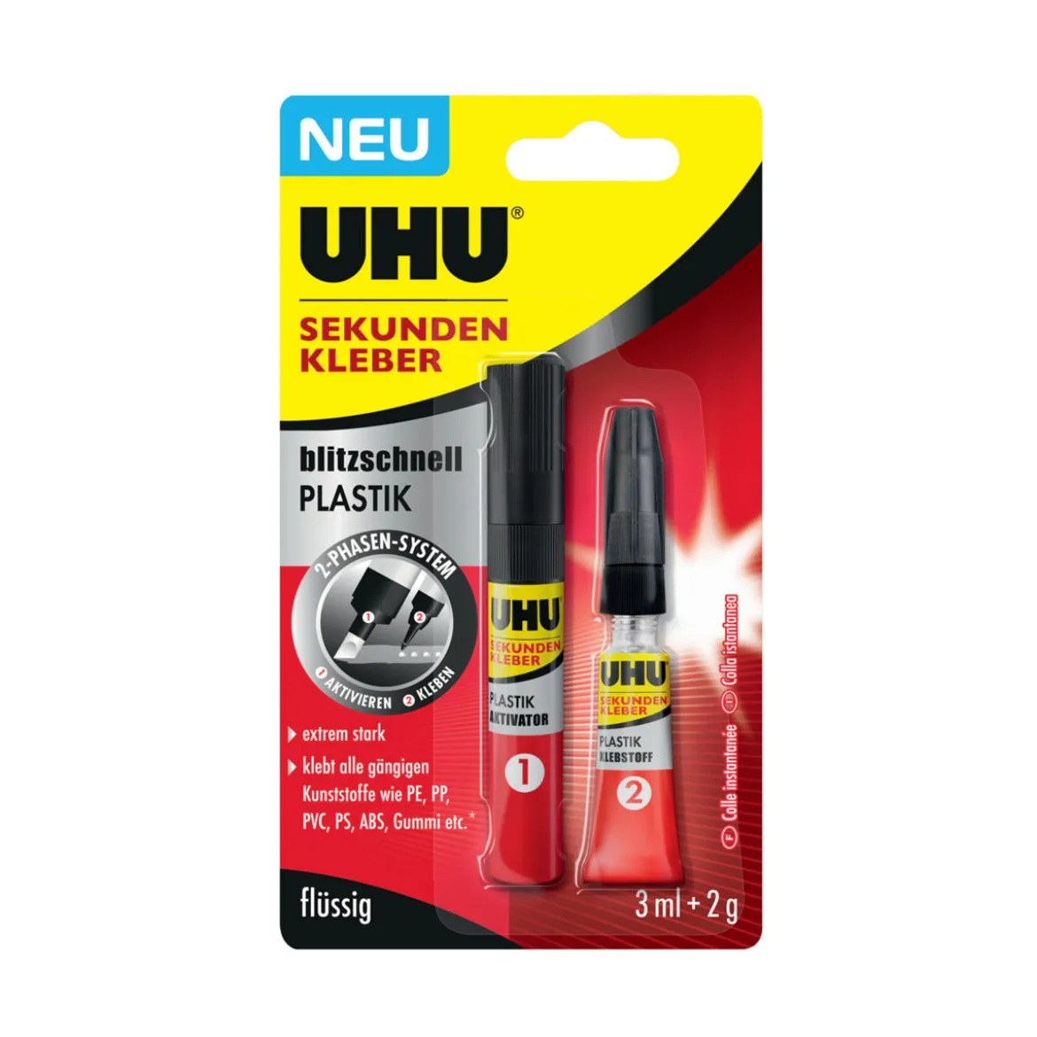 UHUSekundenkleber Plastik 2 g und 3 ml