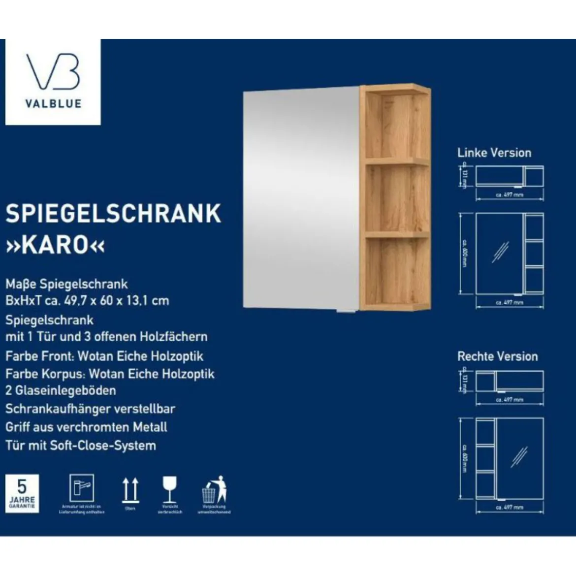 Valblue Gäste-Waschplatz SET Karo Wotan Eiche best. aus WBU, MG-Becken, Spiegelschrank B50cm