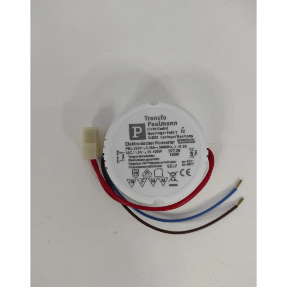 VDE Disc Elektronictrafo built-in 35-105W 230/12V 105VA weiss