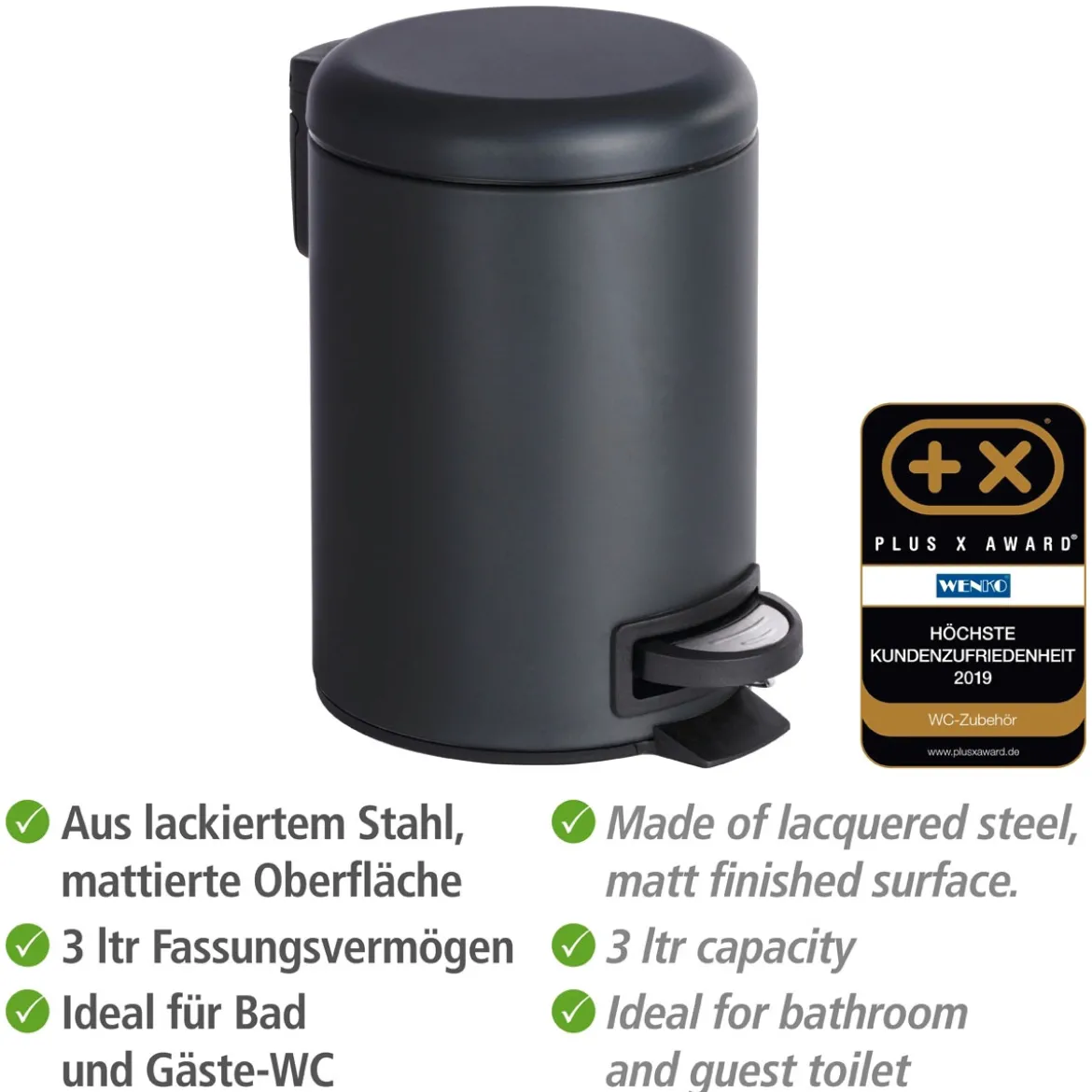 Wenko Kosmetik Treteimer Leman schwarz 3 L
