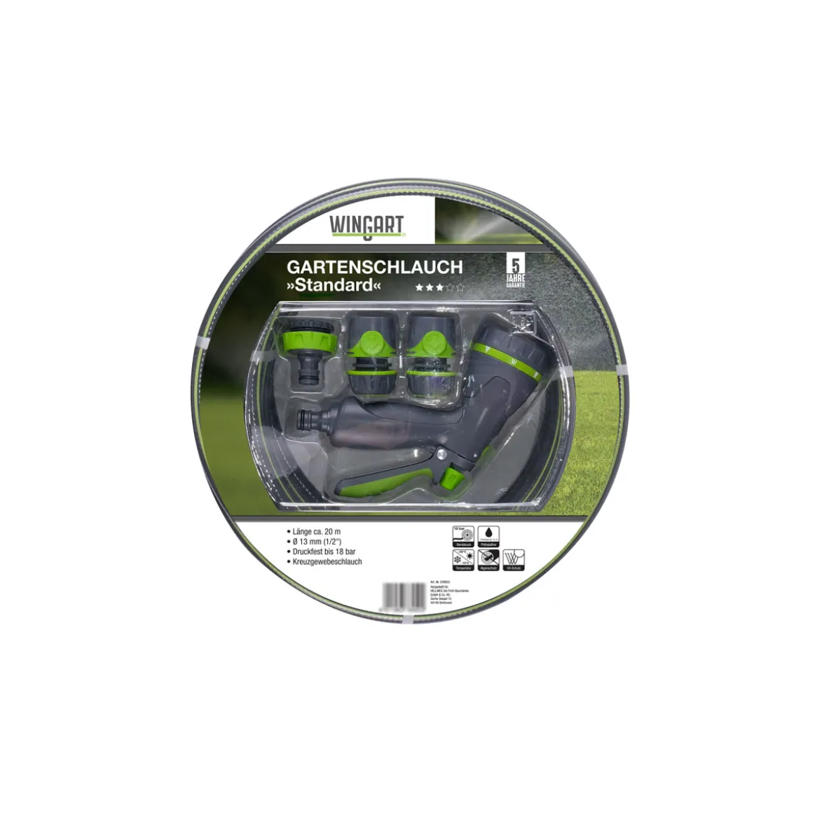 WingartGartenschlauch Standard grau mit grünen Streifen 1/2" 20 m mit Anschlüssen